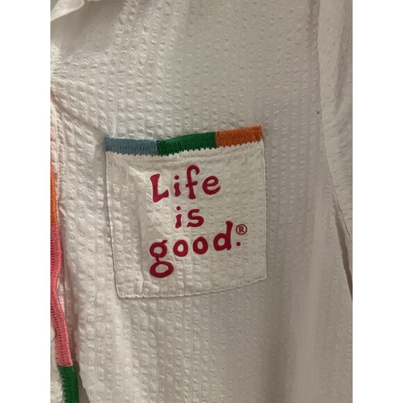 Life Is Good Sleep White Embroidered Button Front Sleep Shirt Sz Xl - Picture 3 of 7